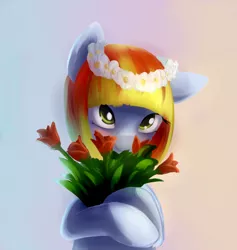 Size: 1786x1885 | Tagged: safe, artist:sokolas, derpibooru import, oc, oc:melon drop, unofficial characters only, earth pony, pony, bouquet, bust, cute, floral head wreath, flower, gradient background, portrait, smiling, solo