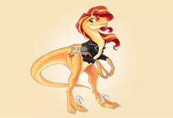 Size: 1000x684 | Tagged: artist:briannacherrygarcia, clothes, derpibooru import, dinosaur, dinosaurified, jacket, leather jacket, orange background, safe, simple background, smiling, solo, species swap, sunset shimmer, velociraptor, watermark