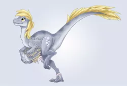 Size: 1000x684 | Tagged: artist:briannacherrygarcia, derpibooru import, derpy hooves, dinosaur, dinosaurified, gray background, running, safe, simple background, smiling, solo, species swap, velociraptor, watermark