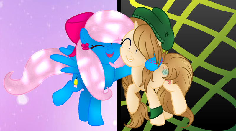 Size: 1912x1064 | Tagged: safe, artist:morries123, derpibooru import, oc, oc:art blossom, oc:heart catcher, unofficial characters only, pegasus, pony, unicorn, beanie, duo, female, hat, hug, mare