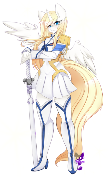 Size: 800x1310 | Tagged: alicorn, alicorn oc, anime, anthro, anthro oc, artist:teranen, aryan pony, bakuzan, boots, clothes, colored pupils, derpibooru import, eye clipping through hair, female, high heel boots, high heels, japan, katana, kill la kill, mare, nazi, oc, oc:aryanne, plantigrade anthro, safe, sailor uniform, satsuki kiryuin, schoolgirl, school uniform, shoes, simple background, sword, thigh boots, transparent background, uniform, unofficial characters only, weapon