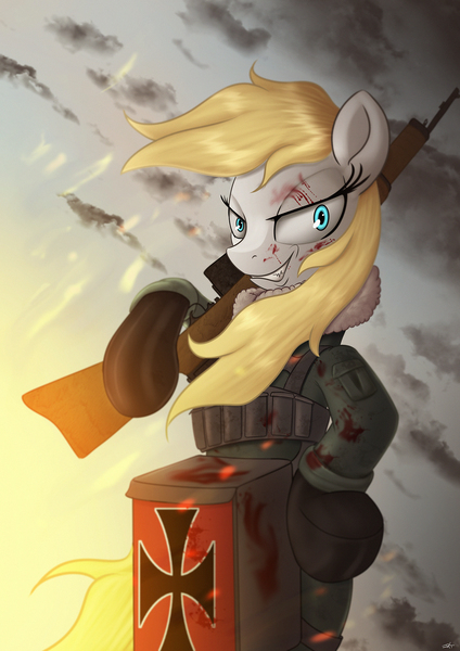 Size: 1240x1754 | Tagged: safe, artist:jeki, derpibooru import, oc, oc:aryanne, unofficial characters only, earth pony, pony, anime, aryan pony, aryanne art pack, bipedal, blood, blood stains, clothes, cloud, crossover, female, fire, germany, gloves, gun, iron cross, military, rifle, smiling, soldier, tanya degurechaff, uniform, weapon, wind, windswept mane, world war i, youjo senki