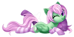 Size: 1600x807 | Tagged: safe, artist:centchi, derpibooru import, oc, oc:spectral wind, unofficial characters only, pegasus, pony, clothes, female, mare, one eye closed, simple background, socks, solo, striped socks, transparent background, watermark, wink