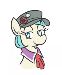 Size: 410x490 | Tagged: safe, artist:jargon scott, derpibooru import, coco pommel, earth pony, pony, bust, female, hat, mare, simple background, solo, white background