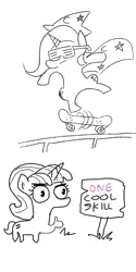 Size: 1280x2560 | Tagged: safe, artist:jargon scott, artist:tjpones, derpibooru import, edit, starlight glimmer, trixie, black and white, comic, cool, doodle, duo, equal cutie mark, female, grayscale, hoof fingers, jumping, mare, monochrome, shutter shades, signature, simple background, skateboard, suddenly hands, thumbs up, white background
