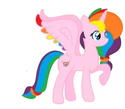 Size: 1440x1256 | Tagged: safe, artist:lalalover4everyt, derpibooru import, oc, oc:rainbow splat, unofficial characters only, alicorn, pony, colored wings, colored wingtips, female, mare, raised hoof, simple background, solo, white background