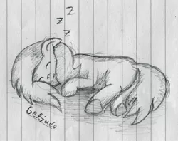 Size: 2633x2089 | Tagged: safe, artist:geljado, derpibooru import, oc, unnamed oc, unofficial characters only, earth pony, pony, blank flank, floppy ears, lined paper, monochrome, simple background, sketch, sleeping, solo, traditional art, underhoof, z, zzz