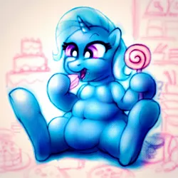 Size: 1280x1280 | Tagged: safe, artist:remyroez, derpibooru import, trixie, pony, unicorn, belly button, cake, candy, chubby, fat, food, happy, solo, the great and bountiful trixie, traditional art