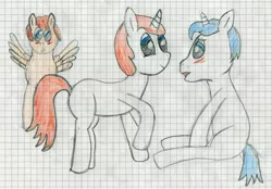 Size: 5067x3520 | Tagged: safe, artist:geljado, derpibooru import, oc, oc:flower follow, oc:geljado, oc:specially clopps, unofficial characters only, blushing, colored, colored sketch, drawing, graph paper, lined paper, sketch, traditional art