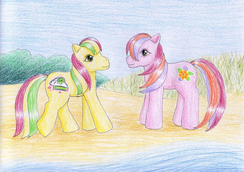 Size: 1024x723 | Tagged: artist:normaleeinsane, beach, beachberry, derpibooru import, duo, g3, kiwi tart, safe, traditional art