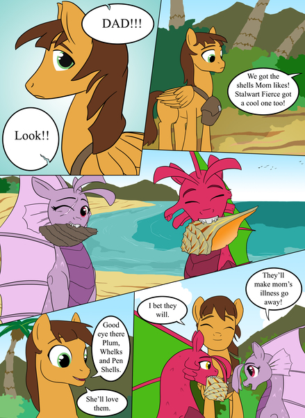 Size: 2800x3824 | Tagged: artist:feroxultrus, beach, bird, broken horn, derpibooru import, family, fanfic, fanfic art, fangs, father, fins, foal, happy, hippocampus, jungle, male, merpony, mountain, mountain range, mussel, oc, ocean, one eye closed, orphan, palm tree, safe, satchel, scales, scar, sea pony, shore, siblings, siren, snail, surrogate, tree, unofficial characters only