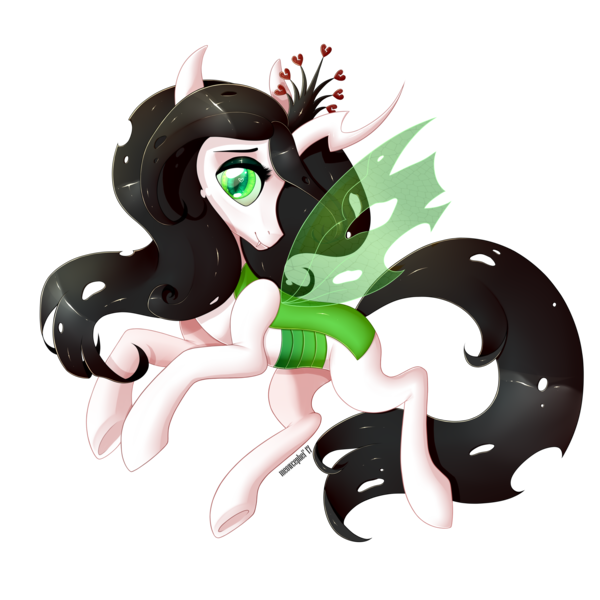 Size: 3000x3000 | Tagged: albino changeling, artist:meowcephei, changeling, changeling oc, changeling queen, changeling queen oc, commission, derpibooru import, double colored changeling, female, green changeling, looking at you, oc, oc:queen kharnage, profile, safe, simple background, solo, transparent background, unofficial characters only, white changeling