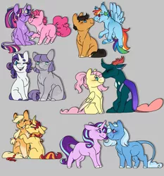 Size: 1400x1500 | Tagged: safe, artist:raggityfox, derpibooru import, applejack, fluttershy, maud pie, pharynx, pinkie pie, quibble pants, rainbow dash, rarity, starlight glimmer, sunset shimmer, trixie, twilight sparkle, changedling, changeling, appleshimmer, chibi, cloven hooves, colored hooves, crack shipping, female, gray background, leonine tail, lesbian, male, missing cutie mark, pharynxshy, prince pharynx, quibbledash, rarimaud, shipping, simple background, startrix, straight, twinkie