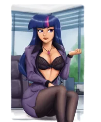 Size: 3907x4688 | Tagged: artist:king-kakapo, artist:mrscurlystyles, beautiful, black underwear, blazer, blue hair, bra, breasts, business suit, busty twilight sparkle, cleavage, clothes, collaboration, colored, cutie mark, dark skin, day, derpibooru import, eyelashes, female, human, humanized, indoors, jacket, jewelry, legs, lips, long hair, looking at you, mature, moderate dark skin, multicolored hair, necklace, office, pantyhose, pink hair, purple hair, seductive look, shirt, side slit, sitting, skirt, skirt lift, skirt suit, solo, solo female, stereo, stupid sexy twilight, suggestive, suit, thighs, tree, twilight sparkle, underwear, window
