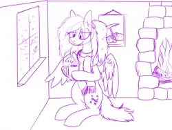 Size: 4000x3000 | Tagged: safe, artist:liserancascade, derpibooru import, oc, oc:silica tetrahedron, unofficial characters only, pegasus, pony, chocolate, clothes, fireplace, food, hot chocolate, monochrome, scarf, snow