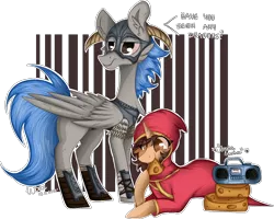 Size: 1294x1035 | Tagged: safe, artist:woonborg, derpibooru import, oc, oc:shade, oc:woon, unofficial characters only, pegasus, pony, unicorn, armor, boombox, cheek fluff, cheese, chest fluff, clothes, dialogue, dunka dunka, ear fluff, eating, female, food, helmet, hoof hold, magicka, male, mare, prone, robe, shoes, signature, simple background, smiling, stallion, standing, transparent background