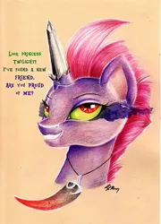 Size: 1024x1426 | Tagged: safe, artist:moonlight-ki, derpibooru import, fizzlepop berrytwist, tempest shadow, pony, my little pony: the movie, broken horn, bust, crystal, dark crystal, dark magic, female, friendship, looking at you, magic, mare, portrait, possessed, smiling, sombra eyes, sombra's horn, tempest gets her horn back, tempest with sombra's horn, traditional art