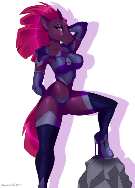 Size: 2021x2800 | Tagged: anthro, armor, armpits, artist:kiwipotato, boots, breasts, broken horn, busty tempest shadow, clothes, derpibooru import, eye scar, female, gloves, high heel boots, looking at you, my little pony: the movie, panties, scar, shoes, skimpy armor, solo, solo female, suggestive, tempest shadow, unconvincing armor, underwear