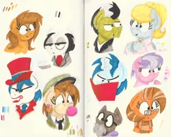 Size: 3006x2421 | Tagged: safe, artist:bobthedalek, derpibooru import, oc, unofficial characters only, pony, unicorn, bubblegum, bust, clothes, clown, food, gum, hat, portrait, sketchbook, suit, top hat, traditional art