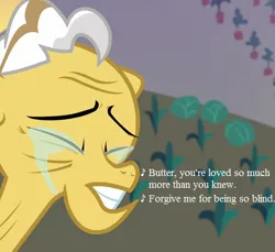 Size: 490x448 | Tagged: cropped, crying, derpibooru import, edit, edited screencap, grand pear, implied pear butter, lullaby for a princess, lyrics, sad, safe, screencap, song reference, sweet apple acres, tears of pain, the perfect pear