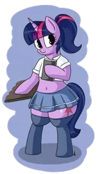 Size: 2430x4320 | Tagged: safe, artist:andelai, derpibooru import, twilight sparkle, pony, semi-anthro, unicorn, belly, belly button, bipedal, book, clothes, cute, female, kneesocks, midriff, miniskirt, pleated skirt, ponytail, shirt, short shirt, simple background, skirt, socks, solo, thigh highs, wide hips, zettai ryouiki