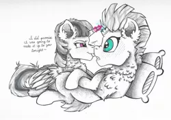 Size: 1967x1375 | Tagged: alicorn, and then sex happened, artist:brownbush, boop, broken horn, chest fluff, derpibooru import, ear fluff, female, fizzlepop berrytwist, fluffy, lesbian, my little pony: the movie, noseboop, pillow, safe, shipping, tempestlight, tempest shadow, twilight sparkle, twilight sparkle (alicorn)