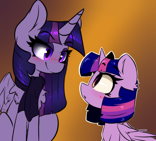 Size: 540x487 | Tagged: safe, artist:bloodatius, artist:duop-qoub, derpibooru import, twilight sparkle, twilight sparkle (alicorn), alicorn, pony, descended twilight, blushing, clothes, duality, female, image, mare, png, scarf, self paradox, self ponidox, smiling