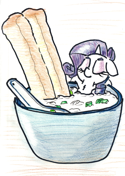 Size: 613x861 | Tagged: safe, artist:shoeunit, derpibooru import, rarity, unicorn, colored pencil drawing, congee, female, food, mare, ponies in food, solo, traditional art, youtiao