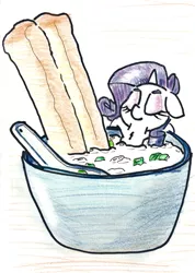 Size: 613x861 | Tagged: safe, artist:shoeunit, derpibooru import, rarity, unicorn, colored pencil drawing, congee, female, food, mare, ponies in food, solo, traditional art, youtiao