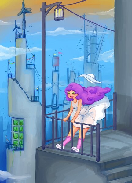 Size: 922x1280 | Tagged: artist:basketgardevoir, breasts, city, clothes, commission, derpibooru import, dress, evening, eyes closed, eyeshadow, female, hat, human, humanized, humanized oc, makeup, oc, oc:windcatcher, scenery, see-through skirt, socks, solo, solo female, suggestive, sundress, sun hat, tower, unofficial characters only, wind, wind blown hair