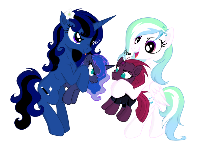 Size: 4823x3445 | Tagged: safe, artist:darkest-lunar-flower, derpibooru import, princess luna, tempest shadow, oc, oc:avant-garde flower, oc:darkest lunar flower, pegasus, pony, 2018 community collab, derpibooru community collaboration, my little pony: the movie, broken horn, moon flower, pew pew, plushie, simple background, transparent background