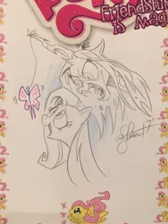 Size: 1536x2048 | Tagged: safe, artist:andypriceart, derpibooru import, fluttershy, queen chrysalis, changeling, changeling queen, pony, fangs, female, mare, sketch, smiling, traditional art