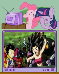 Size: 927x1159 | Tagged: botamo, cabba, caulifla, champa, derpibooru import, dragon ball, dragon ball super, exploitable meme, facehoof, human, kale (dragon ball), laughing, magetta, meme, obligatory pony, pinkie pie, safe, spoilers for another series, tv meme, twilight sparkle, vados