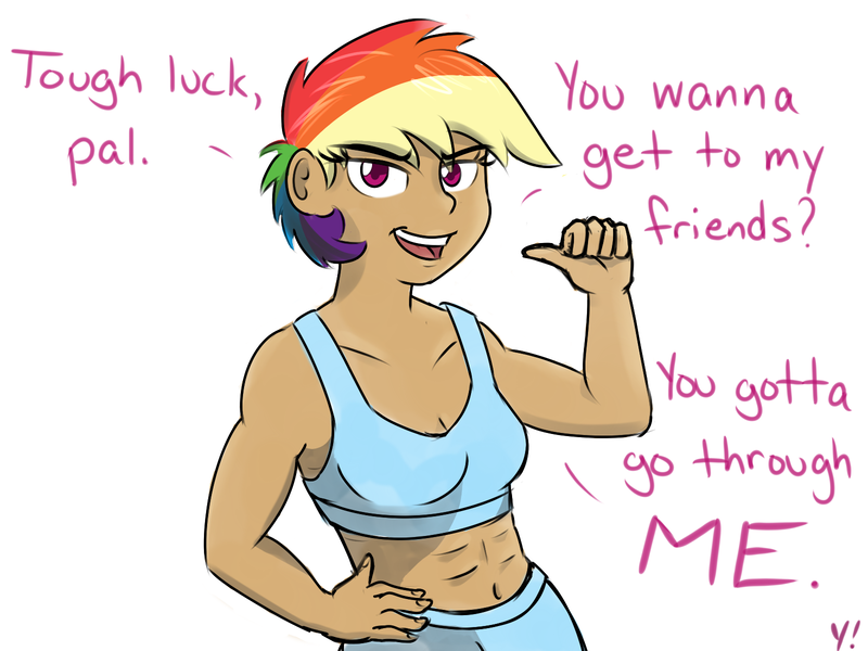 Size: 1600x1200 | Tagged: abs, artist:yakoshi, clothes, derpibooru import, dialogue, female, human, humanized, moderate dark skin, rainbow dash, safe, simple background, solo, sports bra, sports shorts, white background