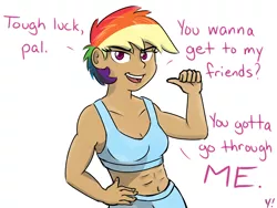 Size: 1600x1200 | Tagged: abs, artist:yakoshi, clothes, derpibooru import, dialogue, female, human, humanized, moderate dark skin, rainbow dash, safe, simple background, solo, sports bra, sports shorts, white background