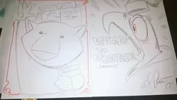 Size: 1024x576 | Tagged: artist:andypriceart, derpibooru import, elmer eagle, monochrome, safe, screaming, traditional art, waving, whinnyland, wilhelm wombat