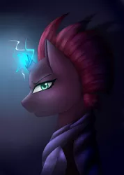 Size: 2695x3782 | Tagged: safe, artist:chasityarcherkiller, derpibooru import, tempest shadow, pony, my little pony: the movie, armor, broken horn, bust, dark background, looking at you, magic, solo, sparking horn