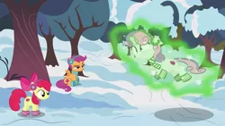 Size: 3840x2160 | Tagged: annoyed, apple bloom, artist:perplexedpegasus, cutie mark crusaders, derpibooru import, flying, levitation, magic, safe, scootaloo, scootaloo is not amused, self-levitation, snow, sweetie belle, telekinesis, tree, unamused, wavy mouth, winter outfit