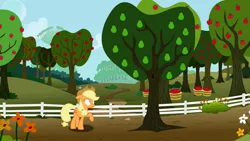 Size: 3840x2160 | Tagged: safe, artist:perplexedpegasus, derpibooru import, applejack, earth pony, pony, apple, apple orchard, apple tree, female, fence, food, fruit, mare, pear, pear tree, shocked, solo, sweet apple acres, tree