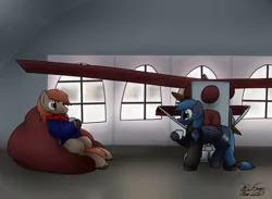 Size: 2740x2009 | Tagged: safe, artist:the-furry-railfan, derpibooru import, oc, oc:night strike, oc:winterlight, unofficial characters only, pegasus, pony, beanbag chair, blizzard, clothes, cold, flying machine, hangar, indoors, jacket, mailpony, mug, plane, royal mail, scarf, snow, snowfall