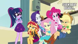 Size: 960x540 | Tagged: safe, derpibooru import, edit, edited screencap, screencap, applejack, fluttershy, pinkie pie, rarity, sci-twi, sunset shimmer, twilight sparkle, equestria girls, equestria girls series, overpowered (equestria girls), clothes, geode of empathy, geode of fauna, geode of super speed, geode of super strength, geode of telekinesis, glasses, magical geodes, meme, music room, silent but deadly, sitting