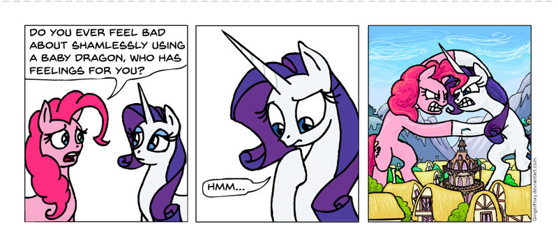 Size: 1005x426 | Tagged: safe, artist:gingerfoxy, derpibooru import, pinkie pie, rarity, earth pony, pony, unicorn, pony comic generator, comic, fight, giant pony, macro, ponyville