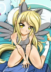 Size: 2700x3807 | Tagged: arm boob squeeze, artist:conrad-hauser, bedroom, breasts, clothes, derpibooru import, derpy hooves, female, human, humanized, looking at you, muffin print underwear, panties, pillow, pony ears, seductive pose, socks, solo, solo female, starscream, stupid sexy derpy, suggestive, tailed humanization, tanktop, transformers, underp, underwear, winged humanization, wings