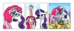 Size: 1005x426 | Tagged: safe, artist:gingerfoxy, derpibooru import, pinkie pie, rarity, earth pony, pony, unicorn, pony comic generator, comic, cup, fight, giant pony, macro, ponyville, tea, teacup, wet mane