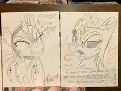 Size: 2048x1536 | Tagged: safe, artist:andypriceart, derpibooru import, daybreaker, nightmare moon, alicorn, pony, andy you magnificent bastard, dialogue, evil princest, female, flirting, image, implied incest, implied lesbian, implied princest, implied shipping, incest, jpeg, lesbian, lineart, mare, monochrome, princest, shipping, smiling, traditional art