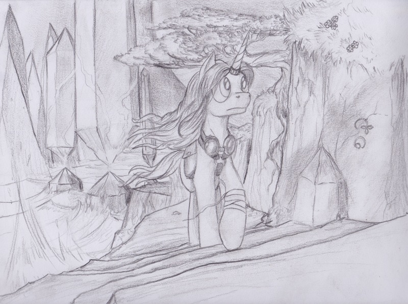 Size: 3428x2548 | Tagged: safe, artist:scribblepwn3, derpibooru import, oc, oc:midnight scribbler, unicorn, crossover, monochrome, myst, pencil drawing, solo, traditional art