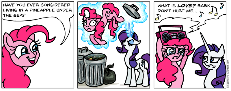 Size: 1459x579 | Tagged: safe, artist:gingerfoxy, derpibooru import, pinkie pie, rarity, earth pony, pony, unicorn, pony comic generator, abuse, boombox, boombox serenade, comic, crying, haddaway, into the trash it goes, magic, movie reference, pinkiebuse, radio, say anything, serenade, song reference, spongebob squarepants, telekinesis, trash, trash can, tv reference, what is love