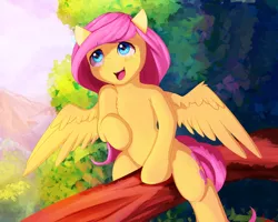 Size: 2500x2000 | Tagged: safe, artist:miokomata, derpibooru import, fluttershy, pegasus, pony, blushing, cute, cute little fangs, fangs, female, mare, sexy, shyabetes, smiling, solo, tree, wolf teeth