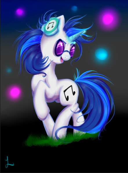 Size: 500x679 | Tagged: safe, artist:thefluffyvixen, derpibooru import, vinyl scratch, pony, unicorn, female, mare, smiling, solo, sunglasses