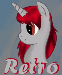 Size: 3300x4000 | Tagged: safe, artist:flamelight-dash, derpibooru import, oc, oc:retro, unofficial characters only, unicorn, black, bust, gift art, gray, icon, male, red eyes, red mane, simple background, solo